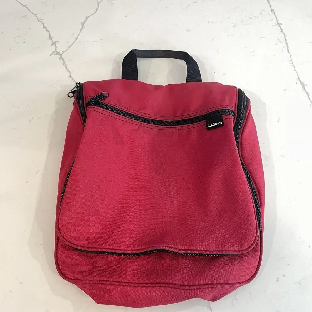 L.L. Bean Personal Organizer Toiletry Bag Large Hanging Travel Kit Red Nylon